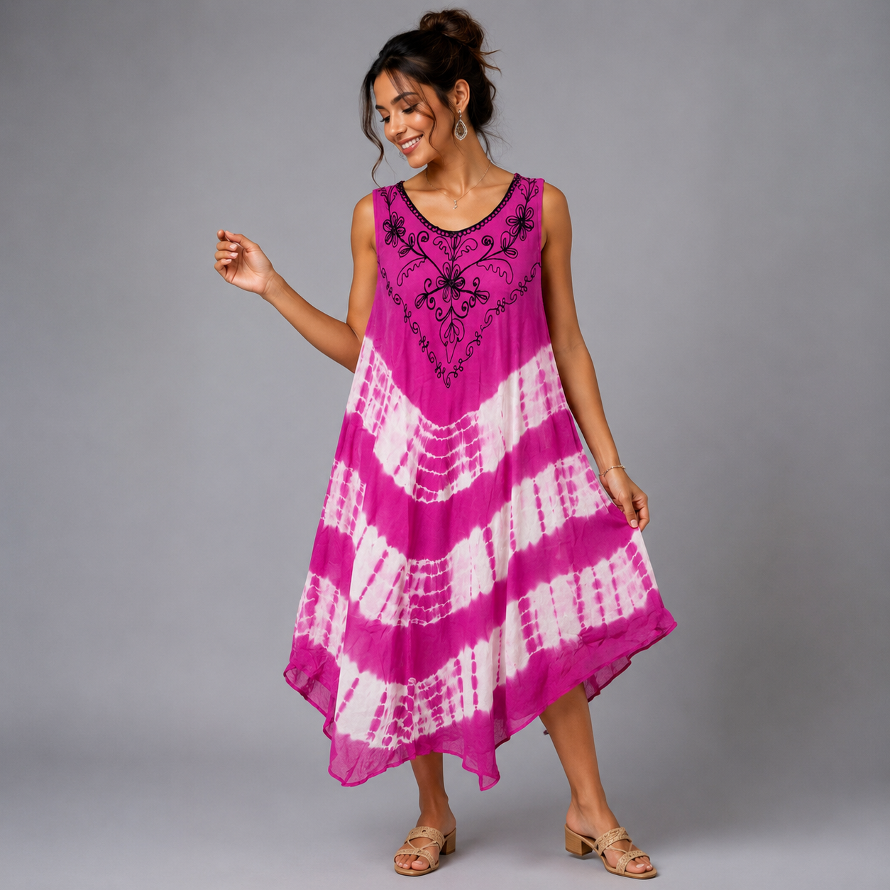 Boho Tie-Dye Embroidered Swing Dress - bohemian fashion