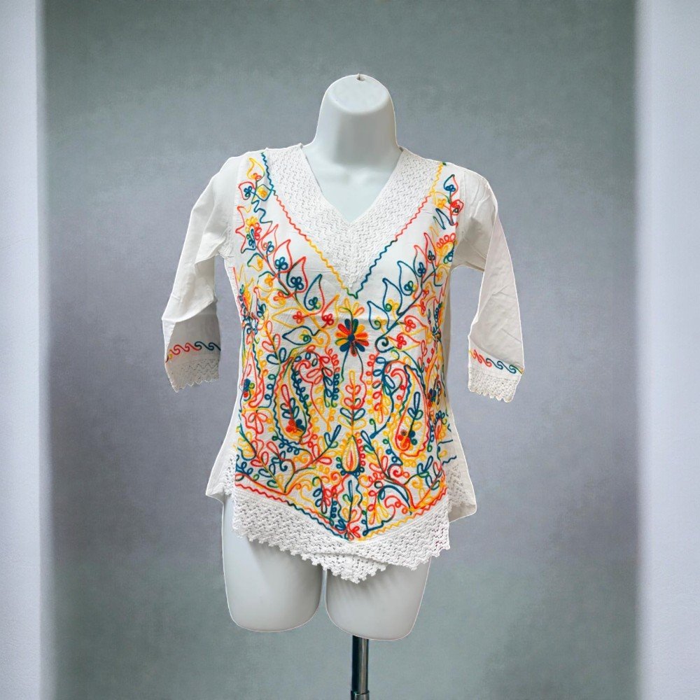 Cotton Mexican White Tops/Blouses Colorful Embroidered - bohemian fashion