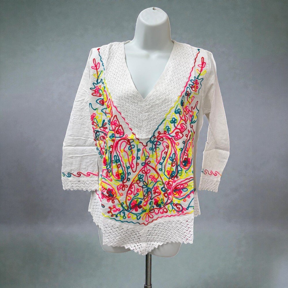 Cotton Mexican White Tops/Blouses Colorful Embroidered - bohemian fashion