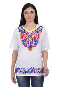 Cotton Mexican White Tops/Blouses Colorful Embroidered