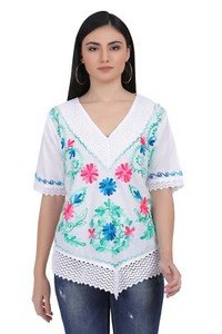 Cotton Mexican White Tops/Blouses Colorful Embroidered
