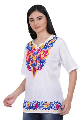 Cotton Mexican White Tops/Blouses Colorful Embroidered - Image 3
