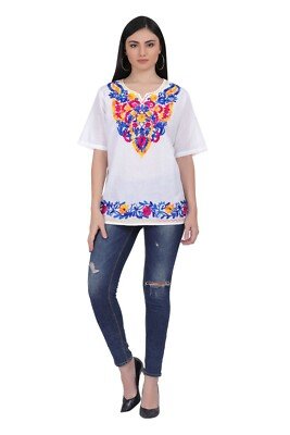 Cotton Mexican White Tops/Blouses Colorful Embroidered - Image 6