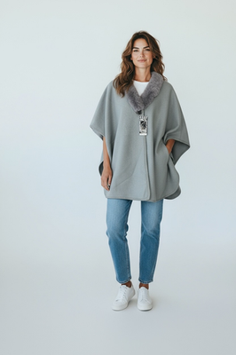 Women Cape Poncho with Fur Trim Winter Faux Fur Shawl Wrap, One Size - Image 5