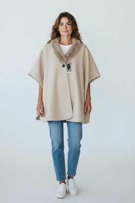 Women Cape Poncho with Fur Trim Winter Faux Fur Shawl Wrap, One Size - Image 8