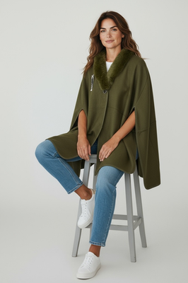 Women Cape Poncho with Fur Trim Winter Faux Fur Shawl Wrap, One Size - Image 10