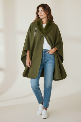 Women Cape Poncho with Fur Trim Winter Faux Fur Shawl Wrap, One Size - Image 11