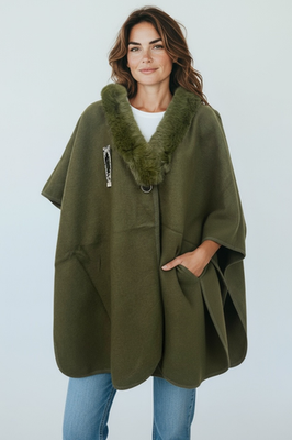 Women Cape Poncho with Fur Trim Winter Faux Fur Shawl Wrap, One Size - Image 12