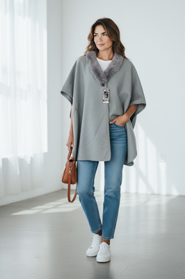 Women Cape Poncho with Fur Trim Winter Faux Fur Shawl Wrap, One Size - Image 17