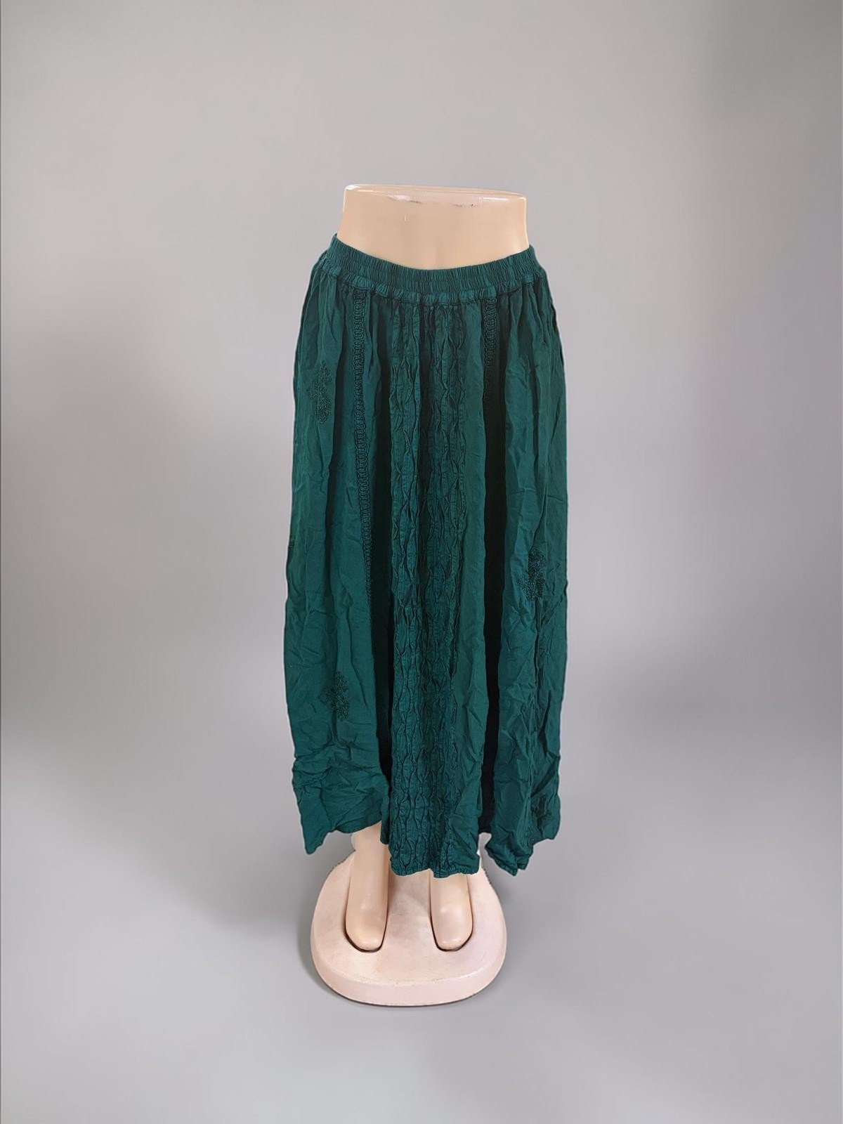 Forest Green Embroidered Midi Skirt | Flowy Bohemian Skirt with Elastic Waist | Vintage-Inspired Cottagecore Bottom