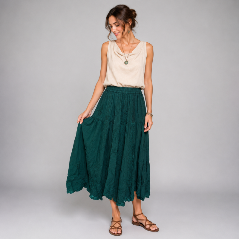 Forest Green Embroidered Midi Skirt