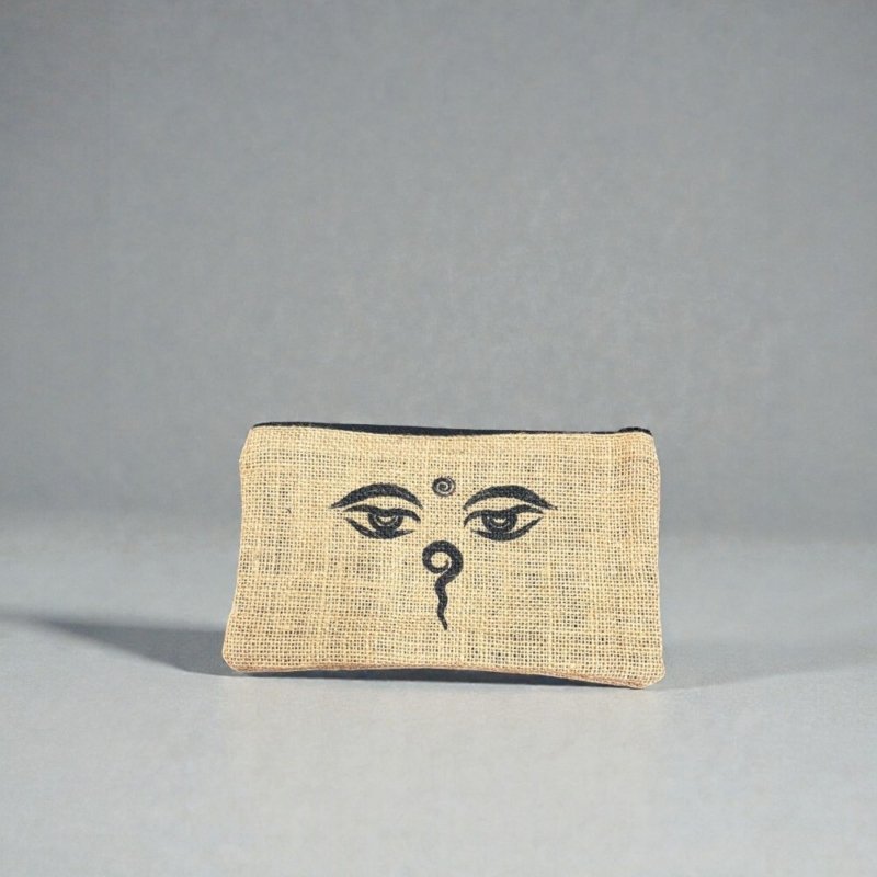 Spiritual Om Print Jute Coin Purse | Minimalist Boho Zipper Pouch, Card Holder
